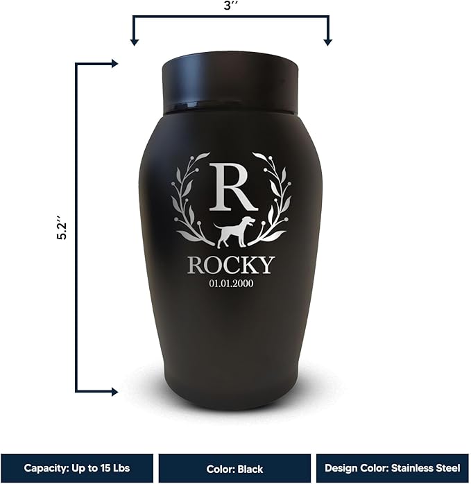 Personalized Custom Small Keepsake Urn Engraved with Pet Name, Date, and Dog Design - 5.2" Black Powder Coated Steel Cremation Urn for Dogs Ashes | 12-16 lb Capacity, Flower Border