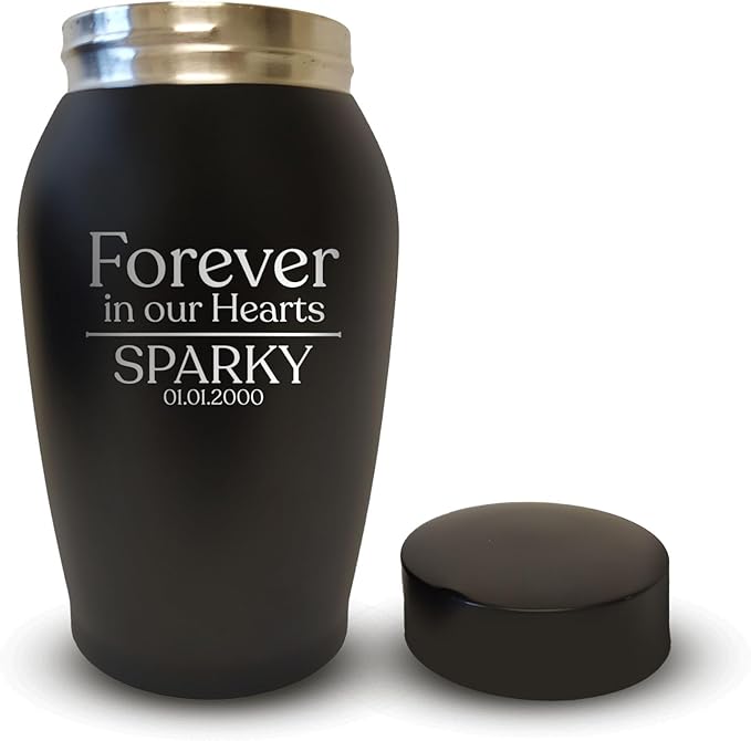 Personalized Custom Small Keepsake Urn Engraved with Pet Name, Date, and Dog Design - 5.2" Black Powder Coated Steel Cremation Urn for Dogs Ashes | 12-16 lb Capacity, Forever in Our Hearts