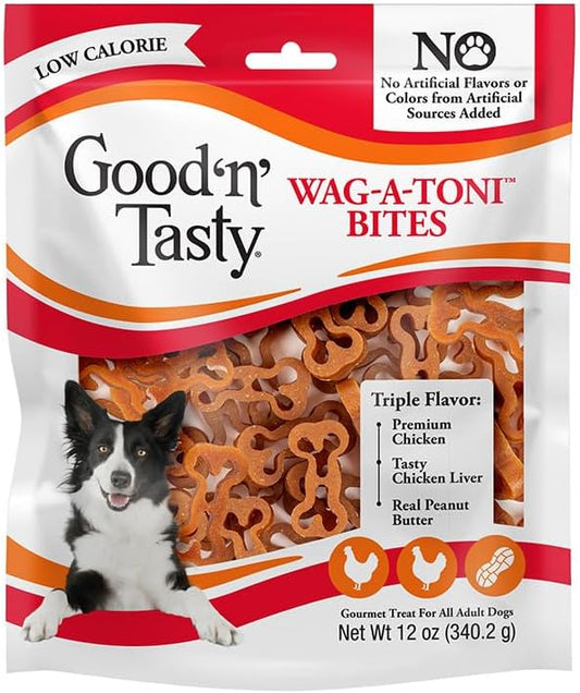 Good ‘n’ Tasty Triple Flavor Wag-A-Toni Bites, Low-Calorie Pasta-Shaped Dog Treats, Made with Real Chicken, Tasty Chicken Liver & Real Peanut Butter, Perfect Reward or Training Treat, 12 oz