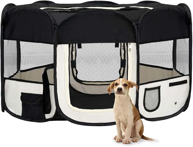 vidaXL Dog Playpen Black and Cream Polyester Foldable Dog Playpen