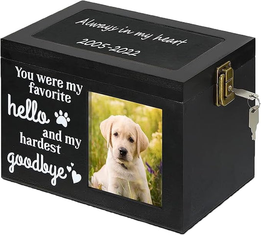 Pet Memorial Urns for Dog or Cat Ashes, Wood Dog Urns for Ashes, Pet Urn with Photo Frame, Memorial Keepsake Memory Box with Key and Lock, Personalized Pet Cremation Urn, Keep Your Pet Close Forever