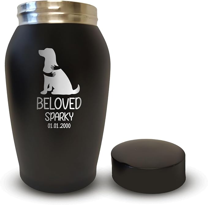 Personalized Custom Small Keepsake Urn Engraved with Pet Name, Date, and Dog Design - 5.2" Black Powder Coated Steel Cremation Urn for Dogs Ashes | 12-16 lb Capacity, Embrace