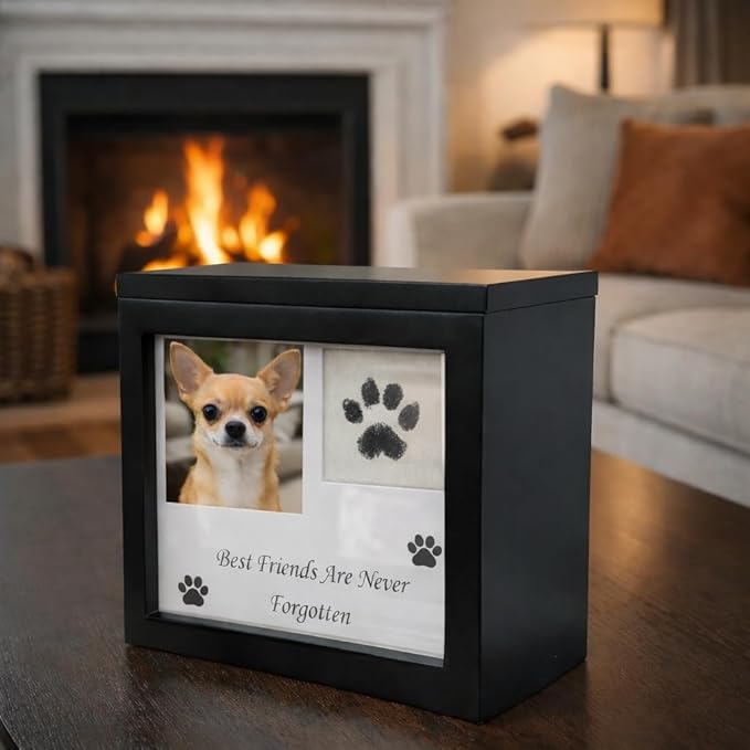 Dog Urn for Ashes, 4 Customizable Displays with Paw Print Ink Kit and Flannel Bag, Pet Urns for Dogs Ashes, Pet Cremation Box, Cat Urn for Ashes, Dog Ashes Keepsake (Black Small)