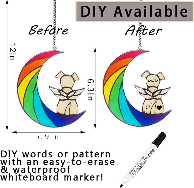 Dog Memorial Gifts for Loss of Dog Pet Sympathy Hanging Acrylic White Angel Dog on Rainbow Moon Dog Beverage Suncatcher Ornaments Decor Window Wall Sympathy Gift for Dog Lover
