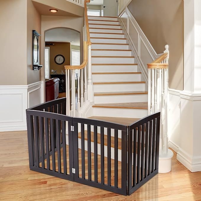 Freestanding Pet Dog Gate, 3-Panel/ 4-Panel Wooden Folding Fence for Hallway,Doorway,Hall,Stair,24 Inch Height Indoor Foldable Dog Fence (Brown, 4 Panel 24“)
