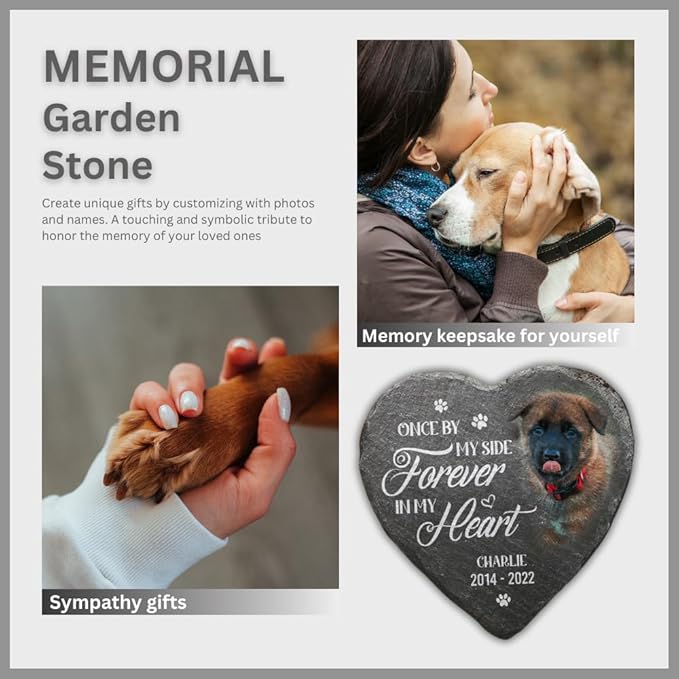 Wrappiness Pet Memorial Stone - Forever in My Heart, Personalized Dog Memorial Gifts, Remembrance Condolences Bereavement Gifts for Loss of Pet Custom Photo (Heart 01, Stone)