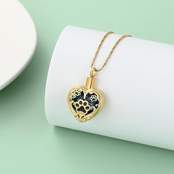 Heart Urn Necklace For Ashes Birthstone Pet Memorial Jewelry Dog Paw Print Cremation Pendant Stainless Steel Keepsake Gift For Pet Lovers