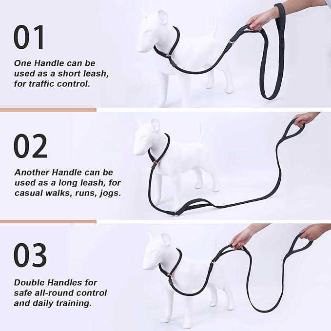 Slip Lead Dog Leash, Soft Leather Dog Training Leash with Double Handle, Heavy Duty Nylon Dog Lead Slip Lead and Collar, No Pull Walk for Medium Large Small Dogs 6ft Black