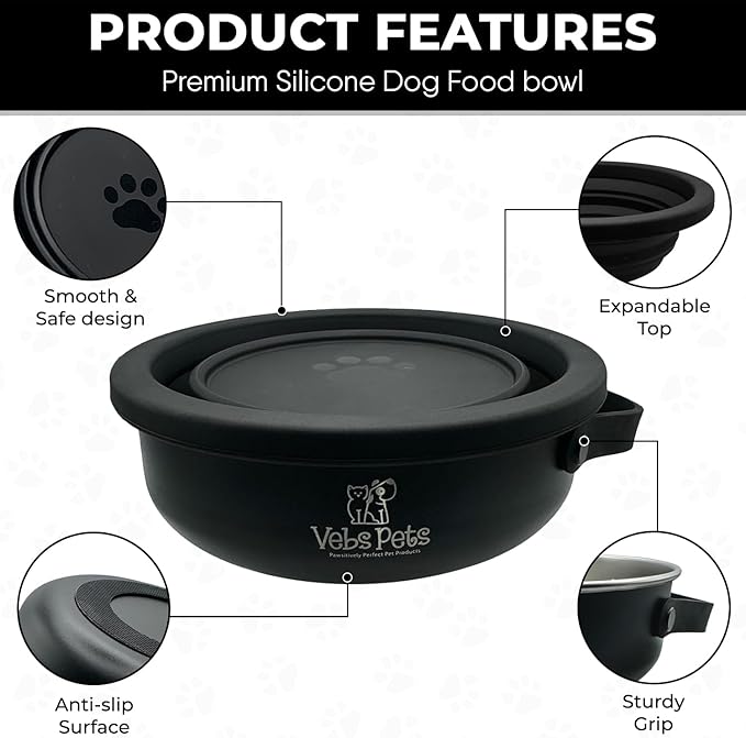 Vebs Pets- Stainless Steel Dog Bowl 30 oz, W/Collapsible Bowl Lid 20 oz W/Handle, Leak Proof, Non Slip, Food & Water Pet Bowls for Dogs & Cats, Medium Dogs, Portable Travel Dog (Black)