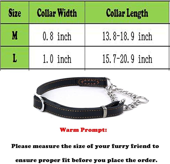 Love Dream Martingale Collars for Dogs, Leather Training Dog Collar, Stainless Steel Chain Anti-Escape No Pull Dog Collar for Medium Large Dogs (L(15.7"-20.9"), Black)