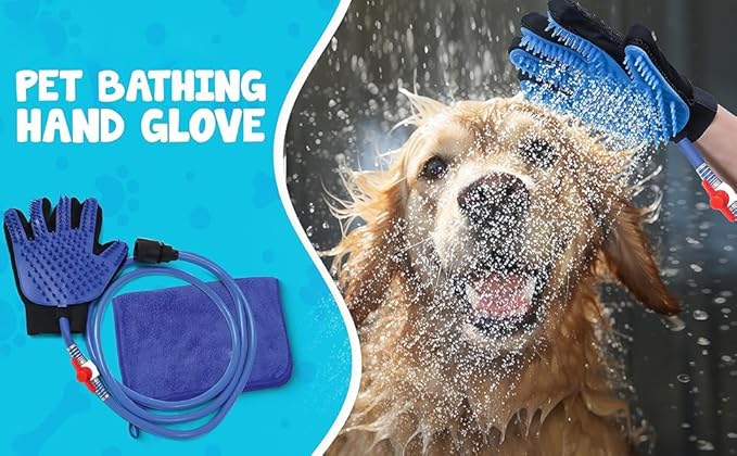 Dog Bath Glove & Sprayer – 3-in-1 Pet Bathing Tool for Washing, Scrubbing & Deshedding – Connects to Garden Hose – Adjustable Water Pressure – Easy Rinse Dog Shower – Gift for Dog Owners