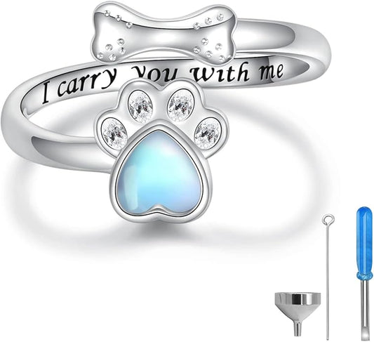 Sterling Silver Urn Ring for Dog Ashes: 925 Paw Print Memorial Dog Urn Rings Cremation Jewelry Keepsake Remembrance Gifts for Women Pet Lovers