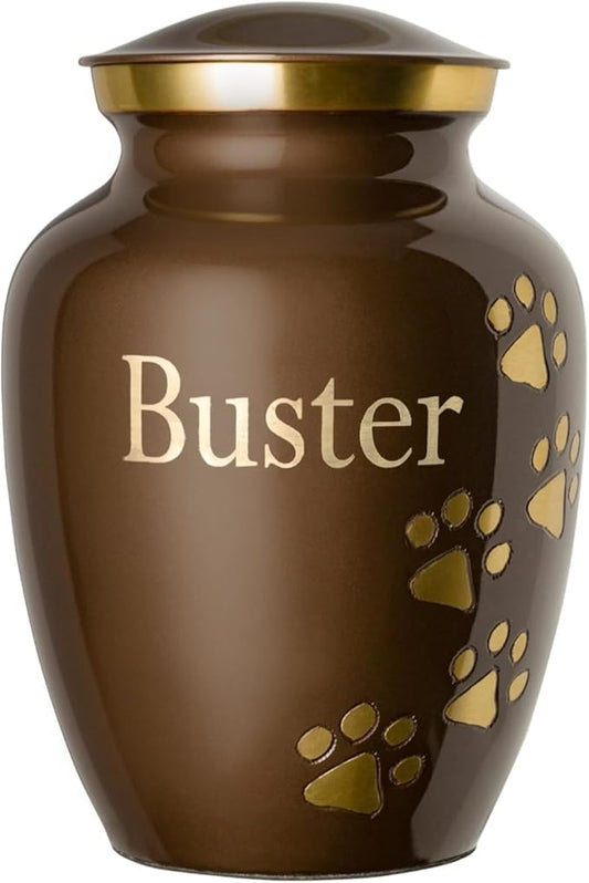 Ottillie Paws Premier Series Pet Urn for Dogs with Personalized Laser Engraving (X-Large - Pets up to 170 lbs, Harvest Brown with Vertical Brass Paws)