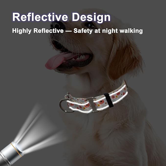 Reflective Martingale Collar for Dogs Nylon Training Collar with No Buckle Cute Floral No Pull Dog Collar for Small Dogs（White Flower，S）