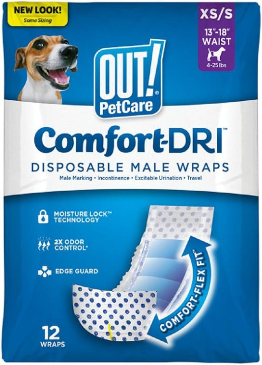 OUT! PetCare Disposable Dog Diapers Male, Puppy Belly Band, Potty Training, Doggie Diapers, Belly Bands for Male Dogs, Puppy Training, Adjustable Fasteners, Incontinence, (XS/S, 12ct)