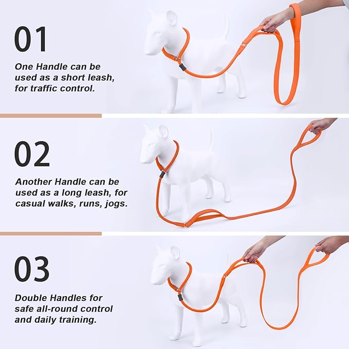 Slip Lead Dog Leash, Double Handle, Soft Leather & Nylon, 6ft Orange