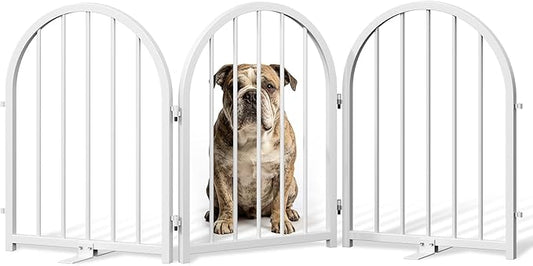 Full Metal Dog Gate for Indoor Outdoor, 24" Tall Free Standing Pet Dog Fence, 54" Wide Arched Pet Gates for Stairs, Hallways, Doorways, Kitchen, Decks, Yards (White, 3 Panels)