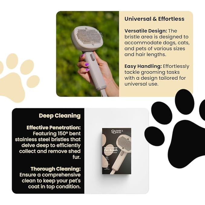Bark&Bliss Pet Brush- Smart Design for grooming, detangling, massage, negative Ion Technology, vibration, self-cleaning for Pets, for Dogs & Cats.