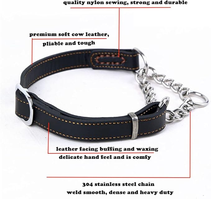 Love Dream Martingale Collars for Dogs, Leather Training Dog Collar, Stainless Steel Chain Anti-Escape No Pull Dog Collar for Medium Large Dogs (L(15.7"-20.9"), Black)