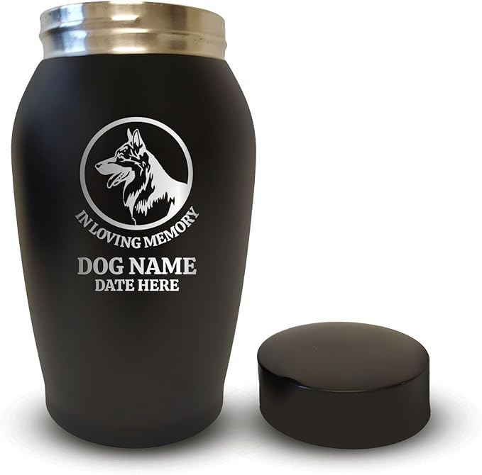 Personalized Custom Small Keepsake Urn Engraved with Pet Name, Date, and Dog Design - 5.2" Black Powder Coated Steel Cremation Urn for Dogs Ashes | 12-16 lb Capacity, German Shepperd Silhouette