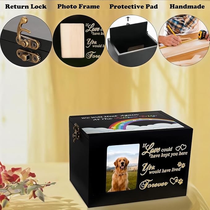 Sofunii Pet Urns for Dogs or Cats Ashes,Large Wooden Funeral Cremation Memorial Box with Photo Frame,Rainbow Bridge Keepsake with Black Flannel as Lining,Loss Pet Memorial Remembrance Gift