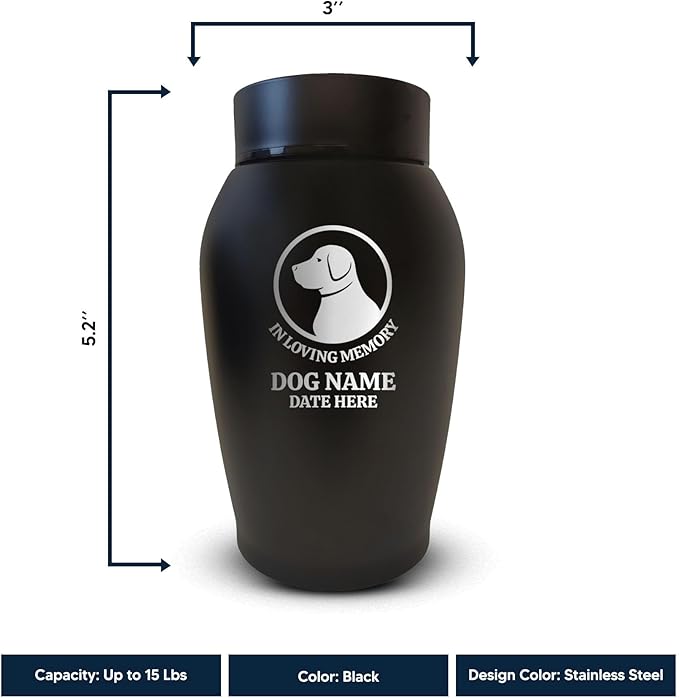 Personalized Custom Small Keepsake Urn Engraved with Pet Name, Date, and Dog Design - 5.2" Black Powder Coated Steel Cremation Urn for Dogs Ashes | 12-16 lb Capacity, Labrador Silhouette