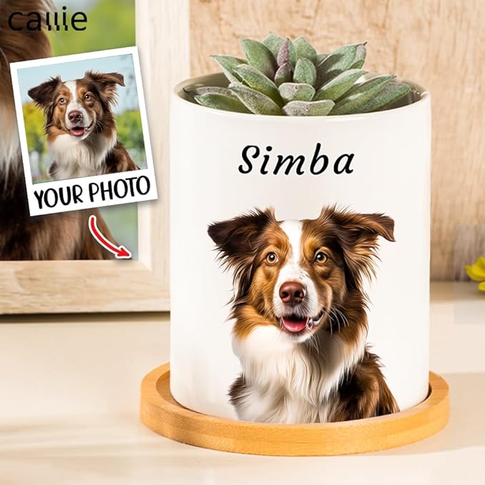 callie Personalized Pet Loss Sympathy Gifts, Custom Dog Cat Memorial Ceramic Plant Pot Planter with Photo Name, Remembrance Passing Away Gifts for Pet Lovers