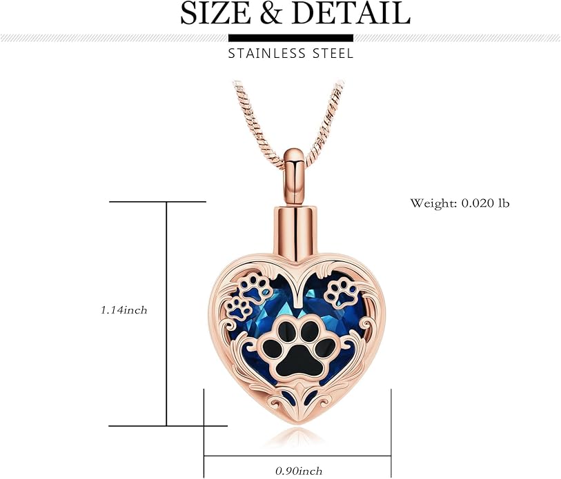 Heart Urn Necklace For Ashes Birthstone Pet Memorial Jewelry Dog Paw Print Cremation Pendant Stainless Steel Keepsake Gift For Pet Lovers