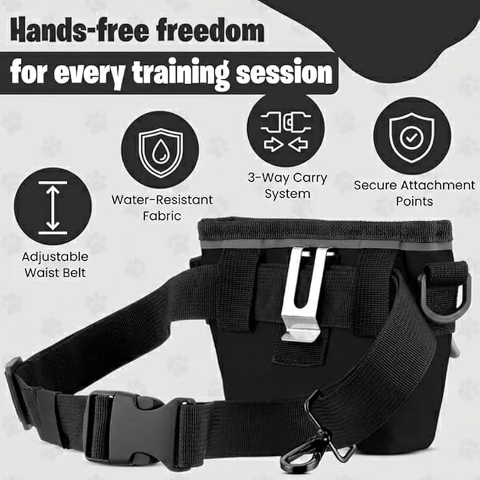 Dog Training Treat Pouch, Clip-On, Crossbody, Magnetic, 2 Compartment Divided Interior, 1 1/2 Cup Total 3/4 Each Side, Dog Treat Training & Walking Bag, Poop Bag & Waste Clip, Hand Free- Black 5x5