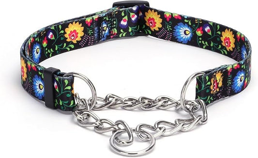 Martingale Dog Collar with Stainless Steel Chain - Limited Chain Cinch Training Collar for No Pull Training Dog - Flower Multicolor Cute Patterns - Premium No Slip Collar (XL, Black)