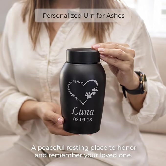 Personalized Cremation Keepsake Pet Ashes Urn Waterproof with Airtight Closure Customized Text Engraving Vase Container Memorial Dog Cat Funeral Decorative (You Left paw Prints on My Heart)