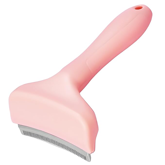 Stainless Steel Pet Deshedding Brush with Handle - Short & Dense Teeth for Short-Haired Dogs, Efficiently Removes Deep Undercoat (Pink, Large)
