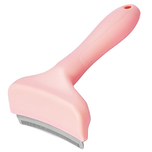 Stainless Steel Pet Deshedding Brush with Handle - Short & Dense Teeth for Short-Haired Dogs, Efficiently Removes Deep Undercoat (Pink, Large)
