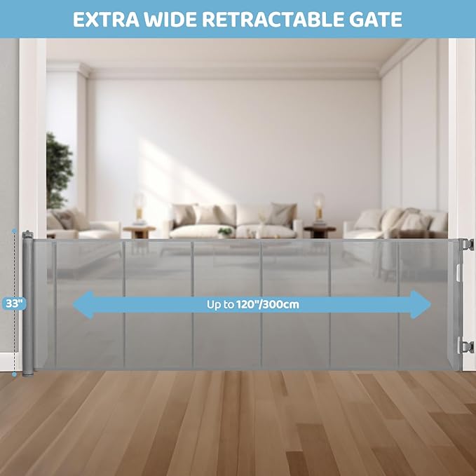 120 Inch Extra Wide Retractable Baby Gate for Large Opening, 33” Tall, Upgraded Dog Gate with Fiberglass Rods for Doorways, Indoor & Outdoor and Stairs, Gray