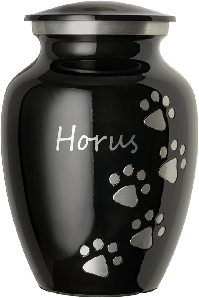 Ottillie Paws Premier Series Pet Urn for Dogs and Cats with Personalized Laser Engraving (Small - Pets up to 25 lbs, Ebony with Vertical Pewter Paws)