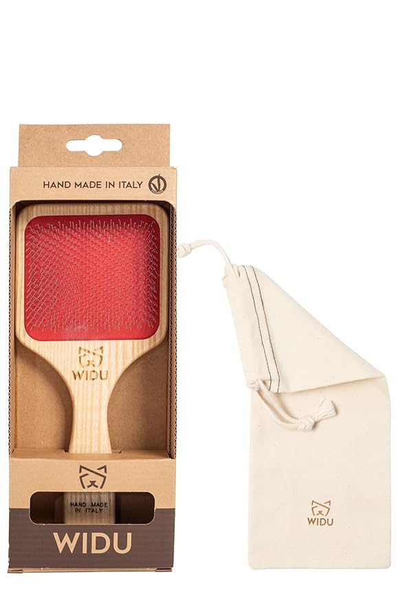 WIDU - Brush for Dogs and Cats, Ideal for Medium and Large Pets with Short Hair, Professional Carder in Ash Wood, Handmade in Italy - 21.5 x 9.4 cm, with 14 mm Long Teeth and 60° Inclination