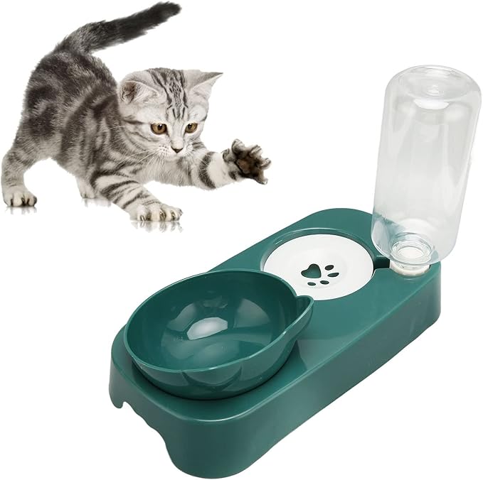 Pet Water Food Bowls - PP Raised Detachable Automatic Water Feeder - Pets Water and Food Bowl Set, Strainer Design, Protection from Dust for Small Medium Cat Dog (Dark Green)