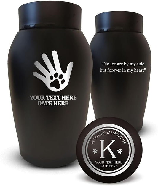 Personalized Custom Urn: Engraved Dog Name and Date - Stainless Steel Cremation Urn for Dog Ashes with Airtight Closure | Hand and Paw, Black