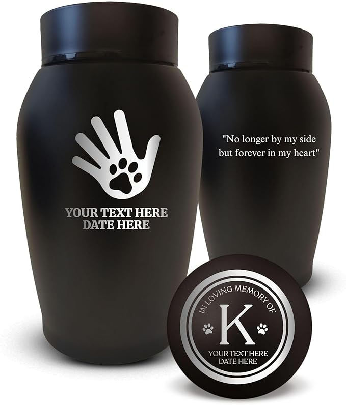 Personalized Custom Small Keepsake Urn Engraved with Pet Name, Date, and Dog Design - 5.2" Black Powder Coated Steel Cremation Urn for Dogs Ashes |Hand and Dog Paw, Black