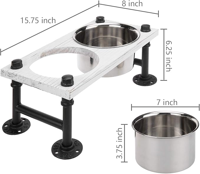MyGift Vintage White Solid Wood Elevated Feeder with Industrial Metal Legs, 6.2" Tall Bowls for Medium Sized Dogs, Raised Food and Water Stand with 2 Stainless Steel Bowls