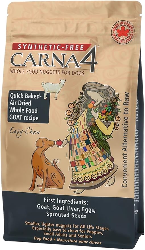CARNA4 Air Dried Dog Food, Goat Recipe, Quick Baked Whole Food Nutrition with Sprouted Seeds, Natural Probiotics & Enzymes, No Synthetics, Grain-Free, Easy-Chew - 5lbs
