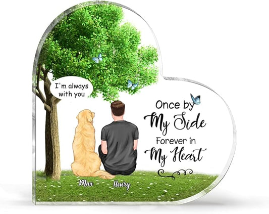 Gossby Personalized Heart-shaped Dog Memorial Acrylic Plaque - Custom Dog Remembrance Gift For Dog Dad With Design, Names - Dog Memorial Gift For Men Dog Lover - Forever In My Heart - Man And 1 Dog