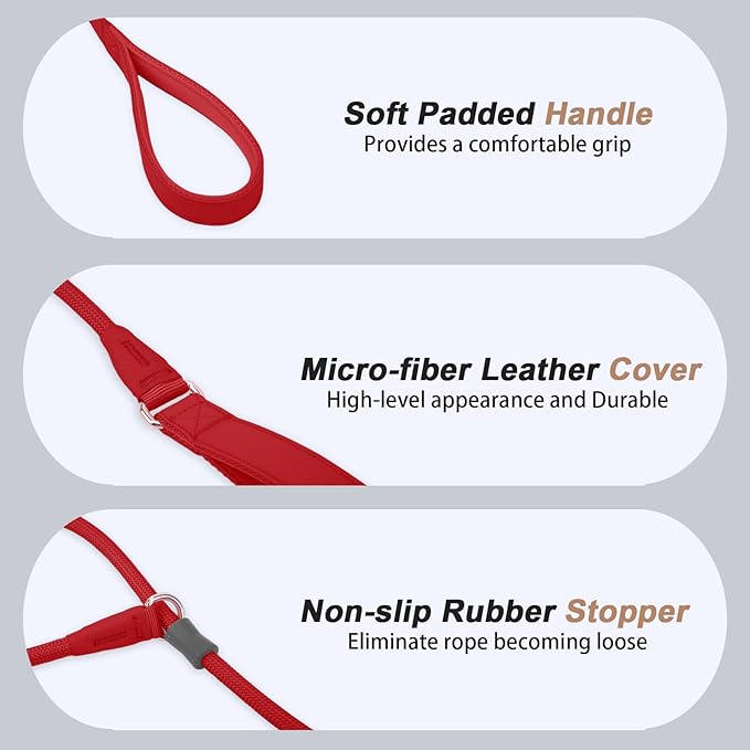 Slip Lead Dog Leash, Double Handle, Soft Leather, Heavy Duty Nylon, No Pull Walking, 5ft Red