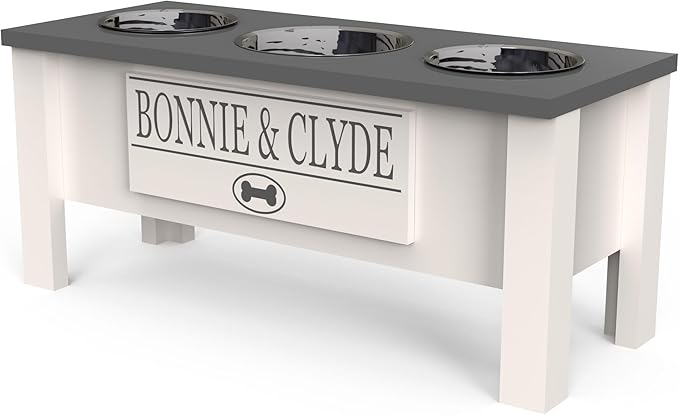GTW Elevated 3 Bowl Dog Feeding Station - Customized Triple Stand for Large Dogs - Includes Storage & Stainless Steel Bowls (Large, Grey)