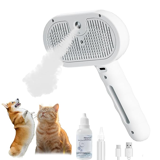 2025 Dog Steam Brush, 4-in-1 Universe Dog Brush with Spray and UV Disinfection, Effortlessly Removes Loose Fur, Dirt while Massage Pet (White+leave-in solution)