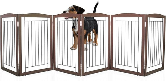 ZJSF Freestanding Foldable Dog Gate for House Extra Wide Wooden Brown Puppy Gate Stairs Dog Gates Doorways Tall Pet Gate 32 "Height 6 Panels Pet Fence