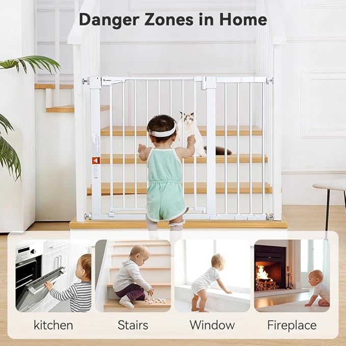 COMOMY 29.5-43.3" Baby Gate Extra Wide for Stairs Doorways, Auto Close Dog Gates for The House, Pet Gates with Walk Through Door, SturdyMetal Pressure Mounted Safety Child Gate, White