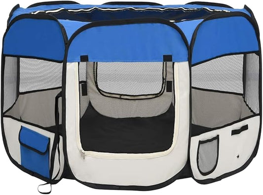 vidaXL Foldable Dog Playpen - Blue/Cream with Carrying Bag, Mesh Zipper Roof/Door, Side Pockets, Lightweight & Sturdy Steel Frame, 35.4"x35.4"x22.8"