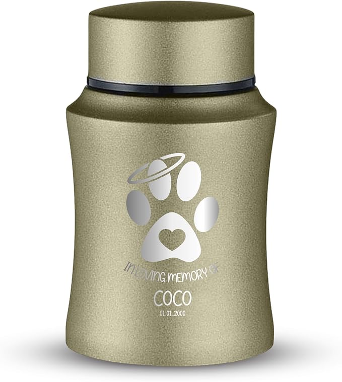 Customized Small Keepsake Urn Personalized Engraved with Pet Name, Date, and Dog Design - 4" Steel Cremation Mini Compact Urn for Dogs Ashes | 5–10 Lbs Capacity | Washed Gold, Paw Heart and Halo