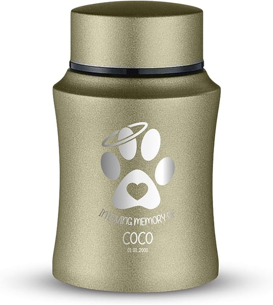 Customized Small Keepsake Urn Personalized Engraved with Pet Name, Date, and Dog Design - 4" Steel Cremation Mini Compact Urn for Dogs Ashes | 5–10 Lbs Capacity | Washed Gold, Paw Heart and Halo